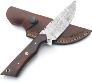 Custom Handmade Damascus Fixed Blade,Full Tang Hunting Knives With Leather Sheath (Gift) For Outdoor Camping. (Rose Wood Handle), PCL-0078
