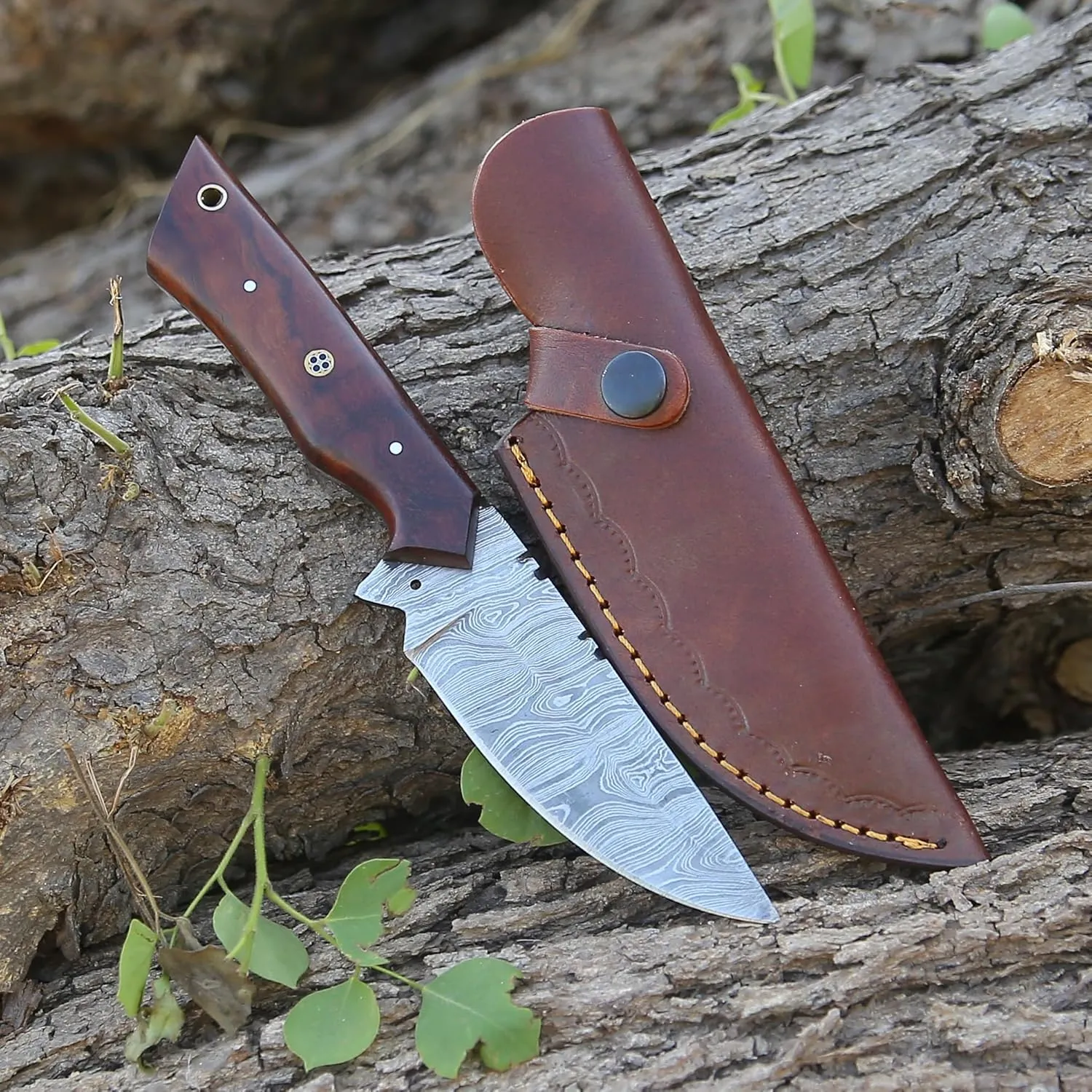 Custom Handmade Damascus Fixed Blade,Full Tang Hunting Knives With Leather Sheath (Gift) For Outdoor Camping. (Rose Wood Handle), PCL-0078