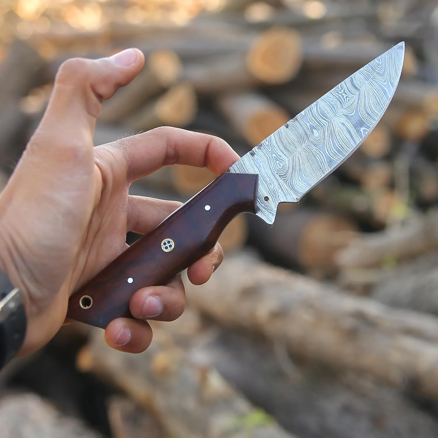 Custom Handmade Damascus Fixed Blade,Full Tang Hunting Knives With Leather Sheath (Gift) For Outdoor Camping. (Rose Wood Handle), PCL-0078