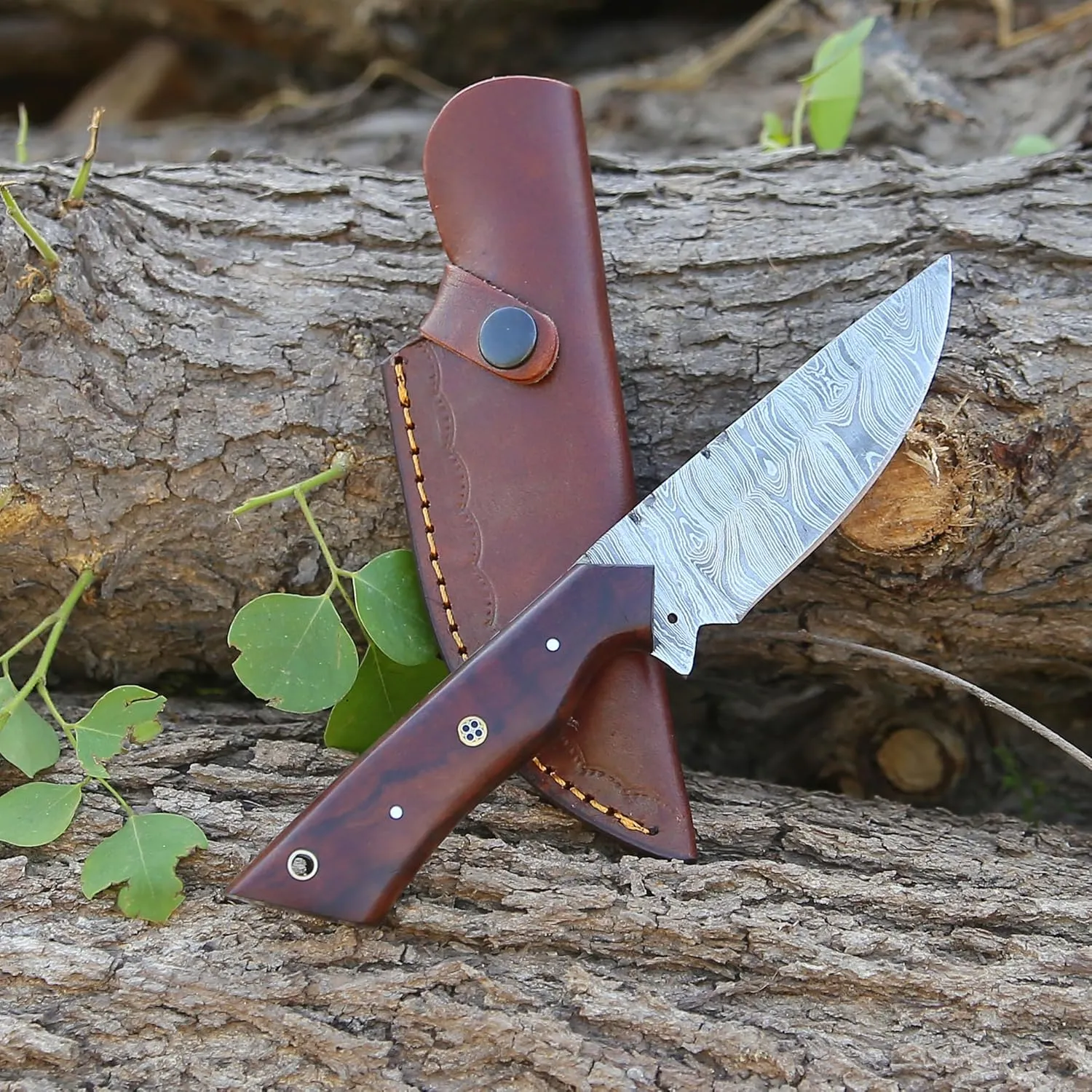 Custom Handmade Damascus Fixed Blade,Full Tang Hunting Knives With Leather Sheath (Gift) For Outdoor Camping. (Rose Wood Handle), PCL-0078