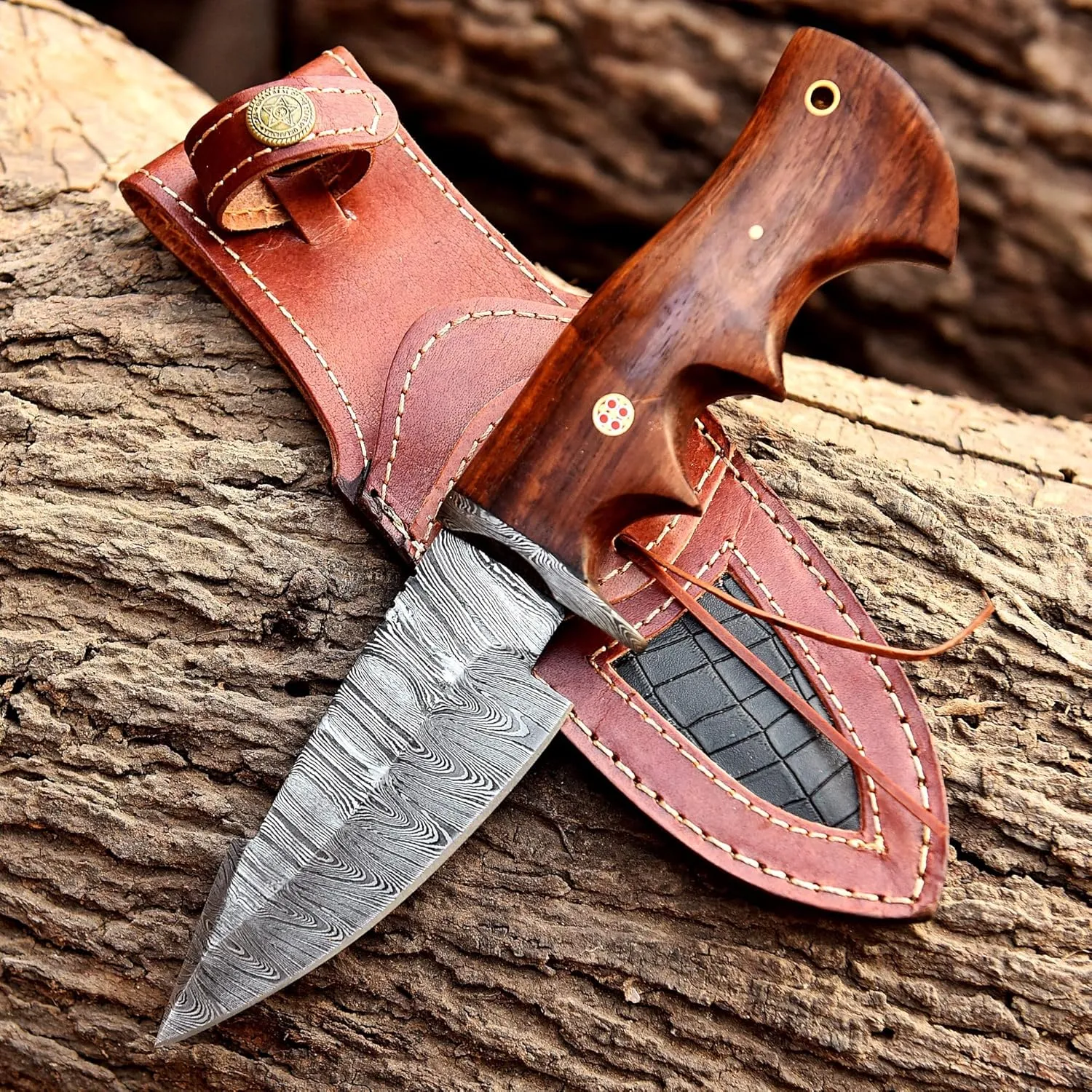 Custom Handmade Damascus Steel Fixed Blade Hunting Knife with Leather Sheath- 10inch Survival Hunting Knives for men- Belt Knife with Horizontal and Vertical carry- Best Skinning knife for hunting Camping Outdoor