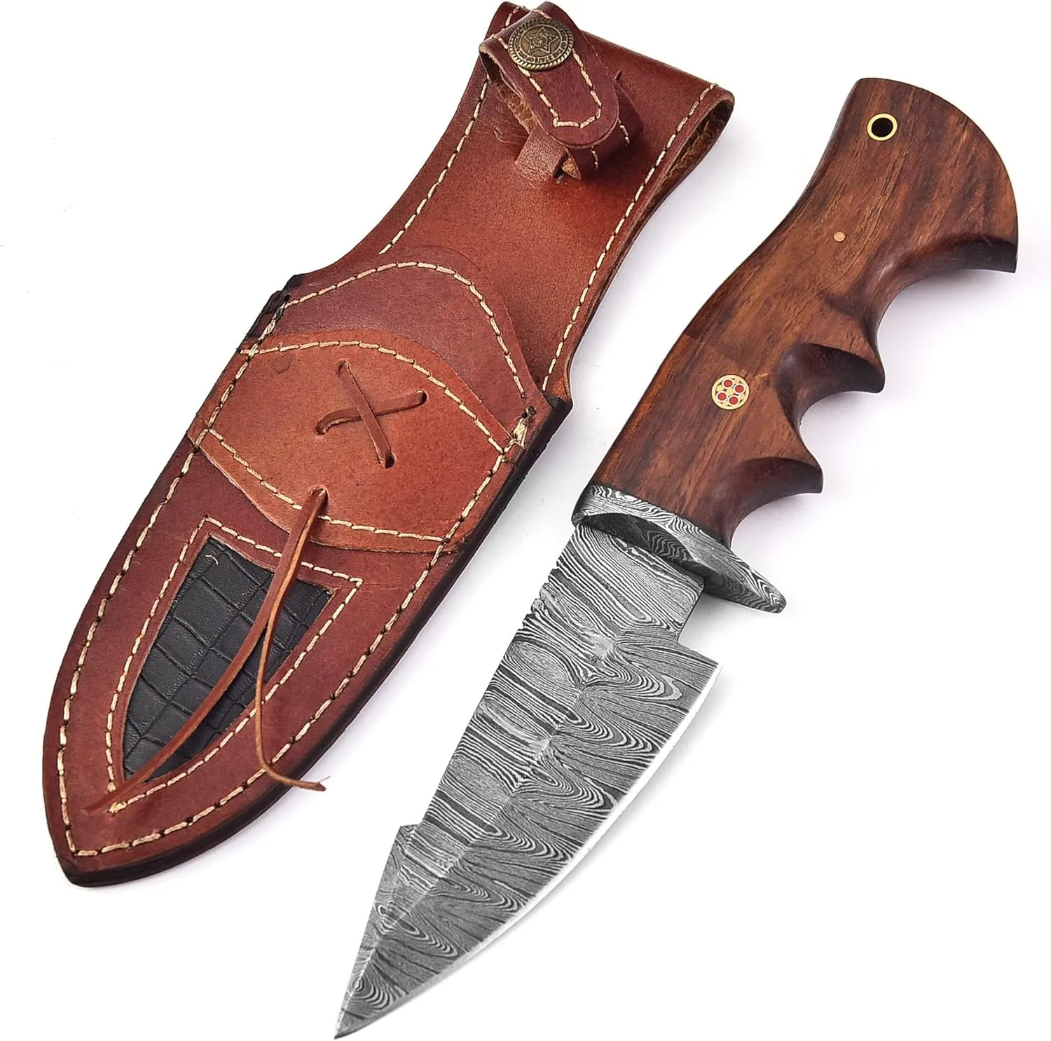Custom Handmade Damascus Steel Fixed Blade Hunting Knife with Leather Sheath- 10inch Survival Hunting Knives for men- Belt Knife with Horizontal and Vertical carry- Best Skinning knife for hunting Camping Outdoor