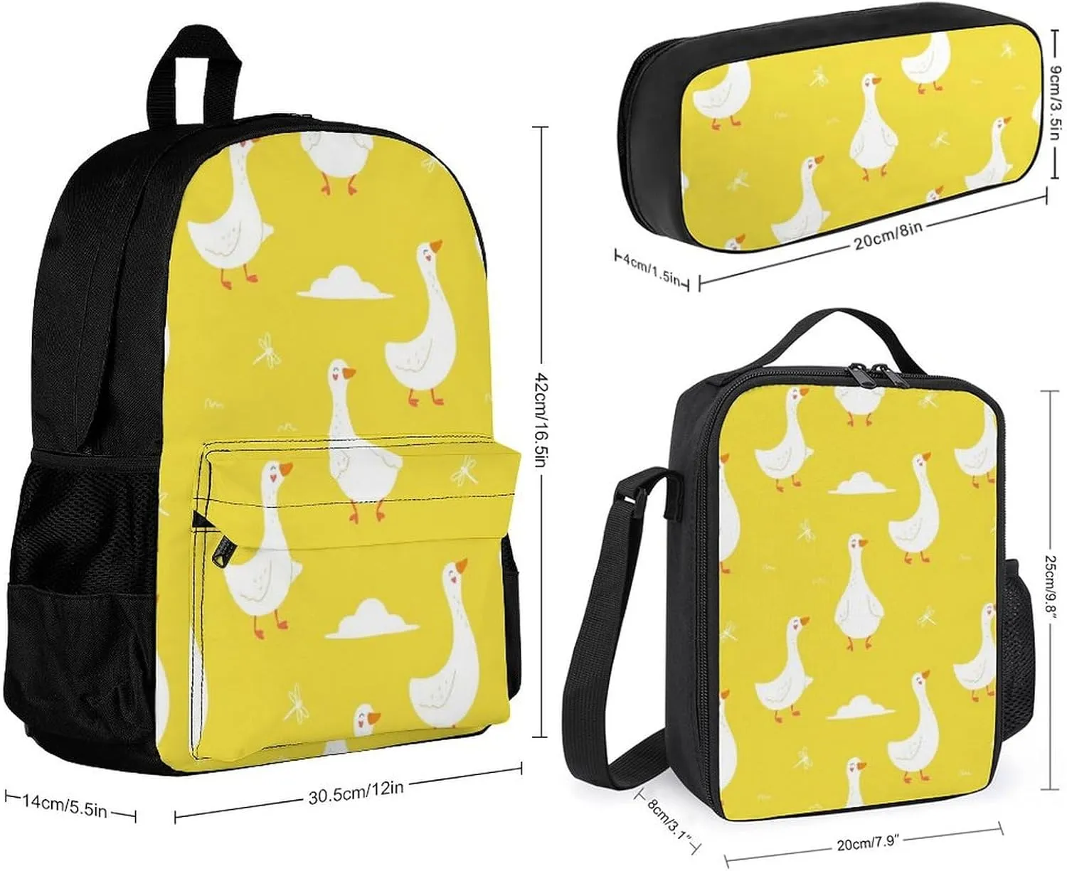 Cute Geese Yellow Lightweight Pocket Backpack Crossbody Lunch Bag Set Unisex