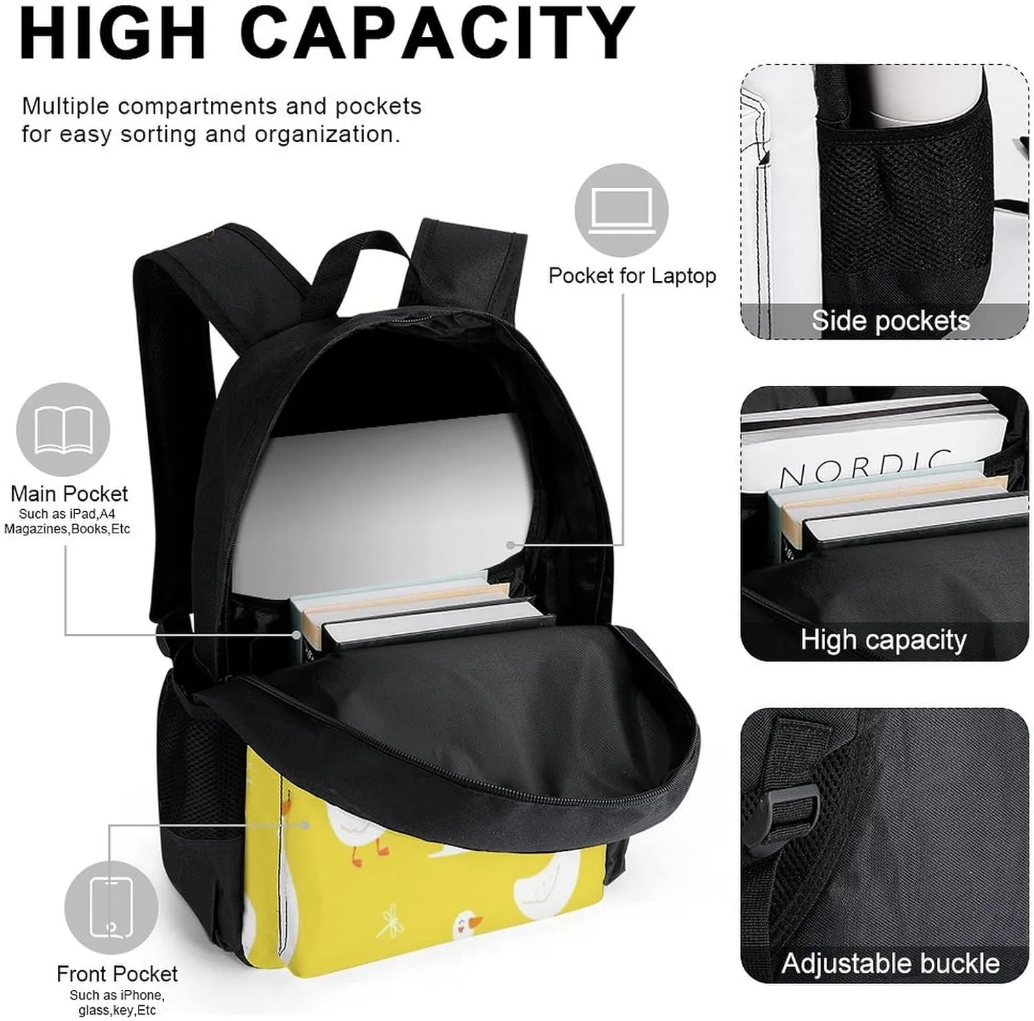 Cute Geese Yellow Lightweight Pocket Backpack Crossbody Lunch Bag Set Unisex