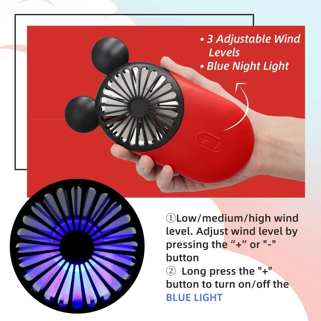 Cute Personal Mini Fan, Handheld & Portable USB Rechargeable Fan with Beautiful LED Light, 3 Adjustable Speeds, Finger Holder, Perfect for Indoor or Outdoor Activities, Cute Mouse (Yellow)