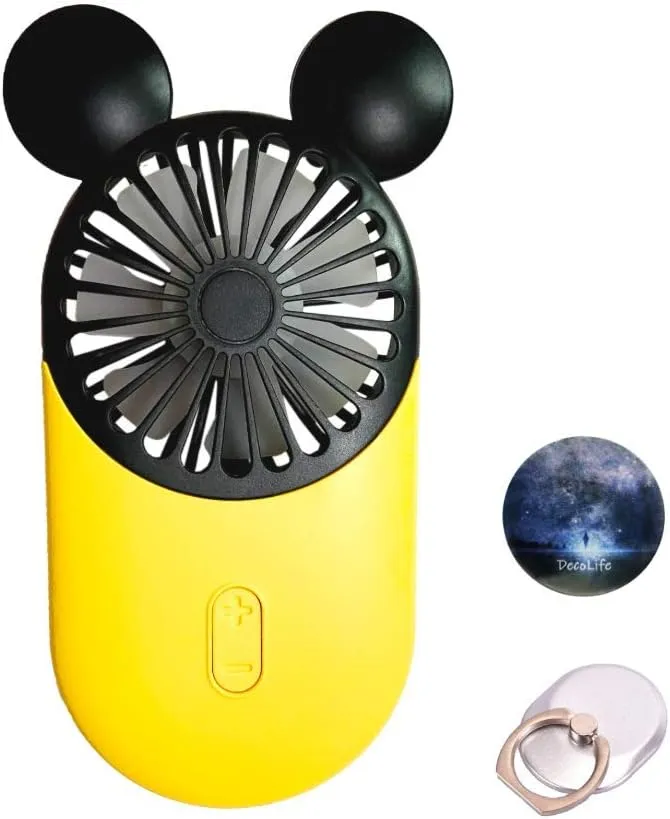 Cute Personal Mini Fan, Handheld & Portable USB Rechargeable Fan with Beautiful LED Light, 3 Adjustable Speeds, Finger Holder, Perfect for Indoor or Outdoor Activities, Cute Mouse (Yellow)