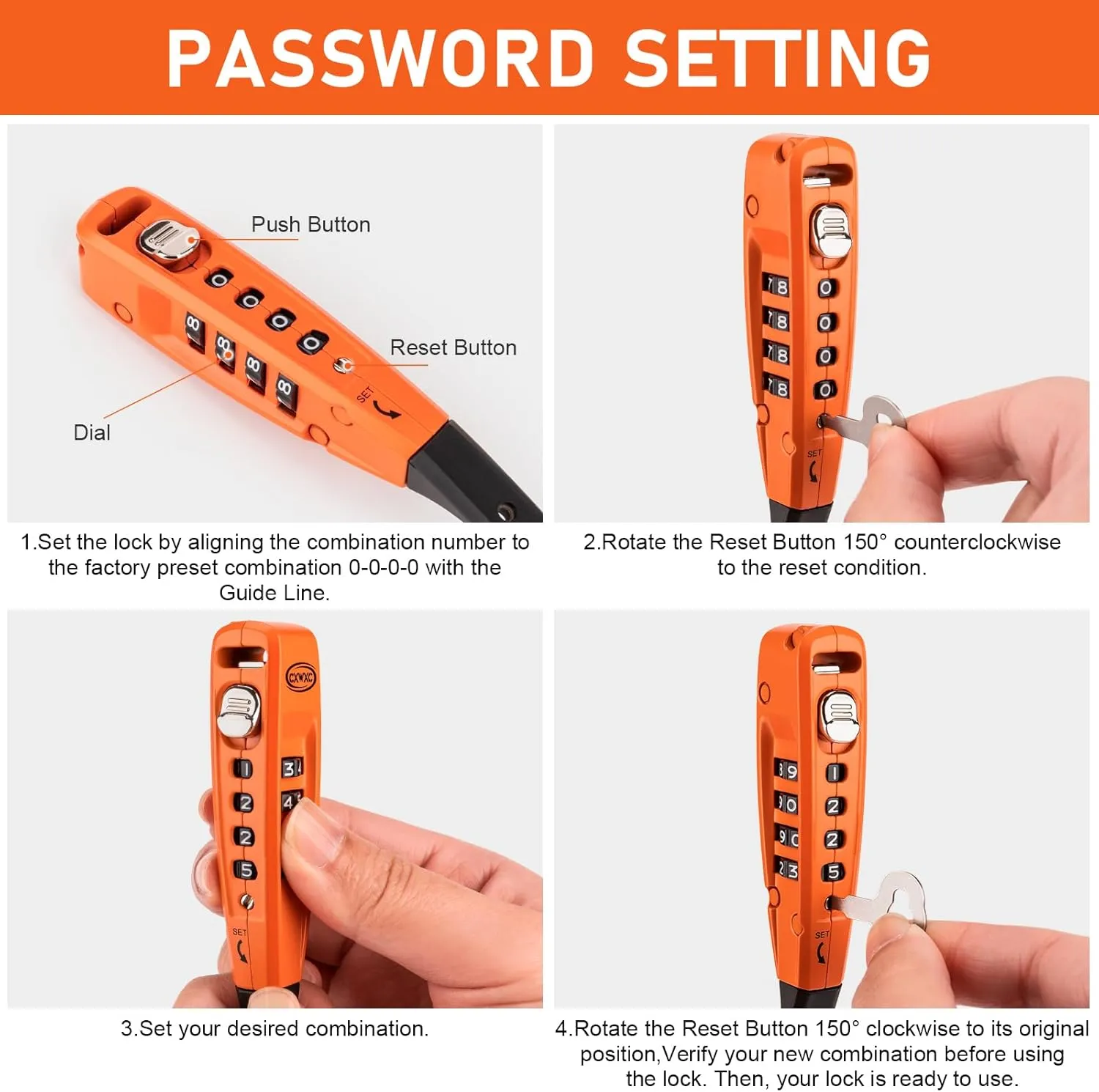 CXWXC Zip Tie Lock - 4-Digit Combo Cable Locks for Bike Motorcycle Helmet, Skateboard, Skis, Snowboard, Stroller & Cabinet - Ideal for Lightweight Security (Orange, 70CM)