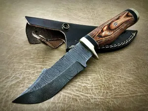 Damascus steel fixed blade knife with Leather sheath, round wood scale with brass finger guard and cap, 8 inches long skinning knife (Multi)