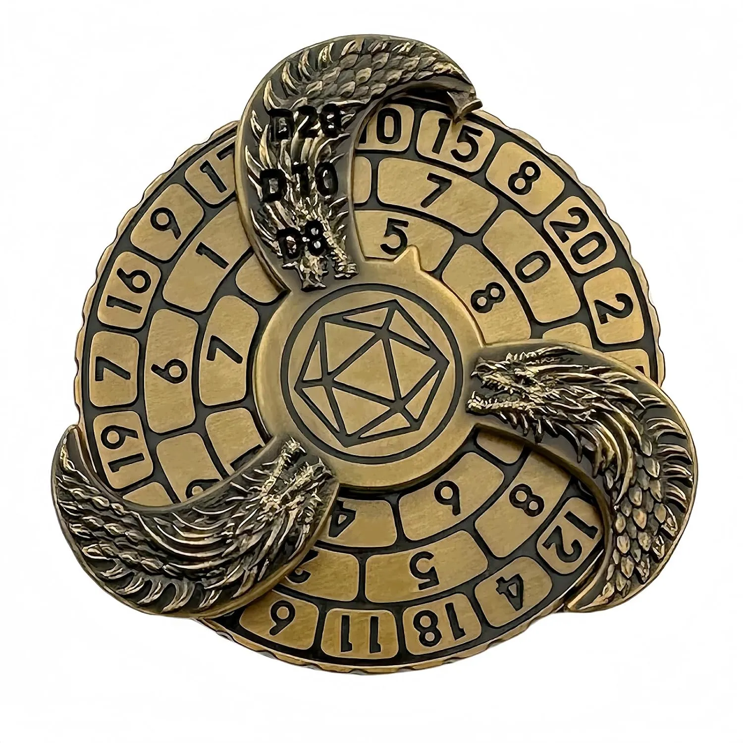 D&D Themed Fidget Spinner, dice Spinner, D4,D6, D8, D10, D12,D20,D% 7-in-1 Metal dice, Perfect for D&D Dungeons and Dragons, RPG and Pathfinder Role Playing Games (Ancient Gold Color)