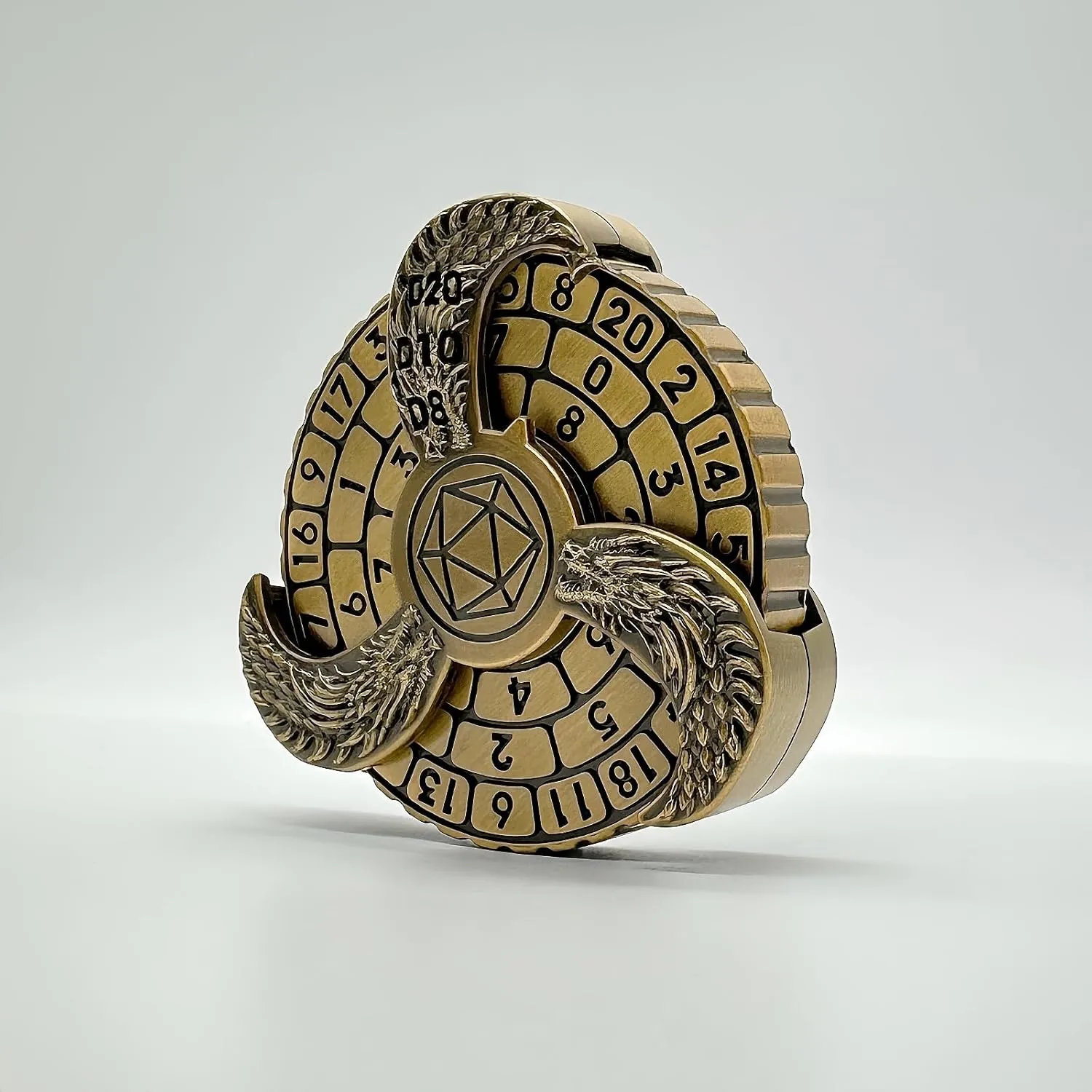 D&D Themed Fidget Spinner, dice Spinner, D4,D6, D8, D10, D12,D20,D% 7-in-1 Metal dice, Perfect for D&D Dungeons and Dragons, RPG and Pathfinder Role Playing Games (Ancient Gold Color)