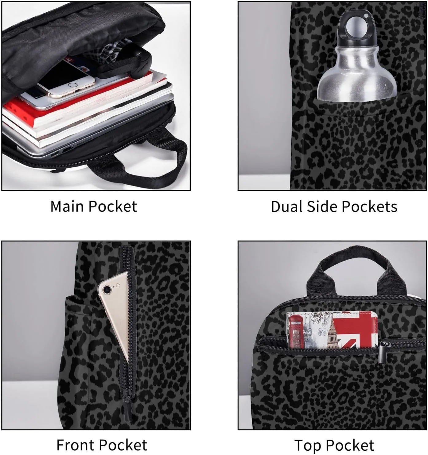 Dark Gray Black Leopard Cheetah Print backpack for Men Women bookbags,laptop backpack carrying bag casual lightweight travel sports day packs