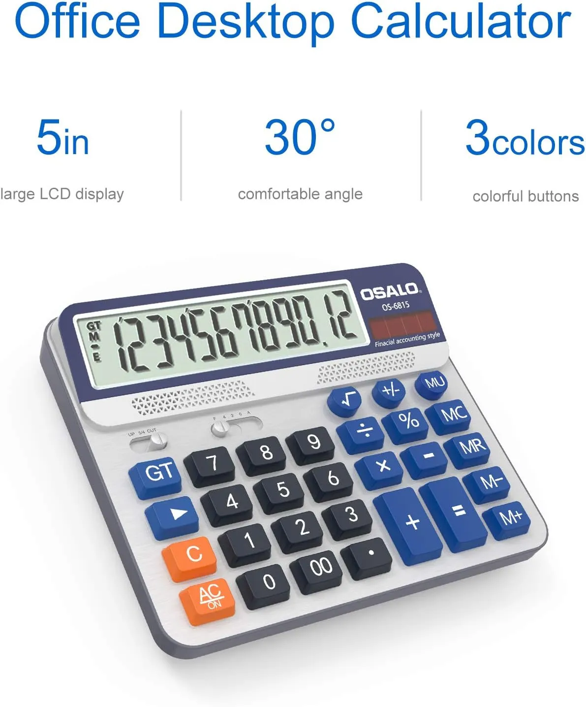 Desktop Calculator Extra Large 5in LCD Display 12-Digit Big Button Giant Accounting Calculator, Battery & Solar Powered, for Office Business & Home(OS-6815)