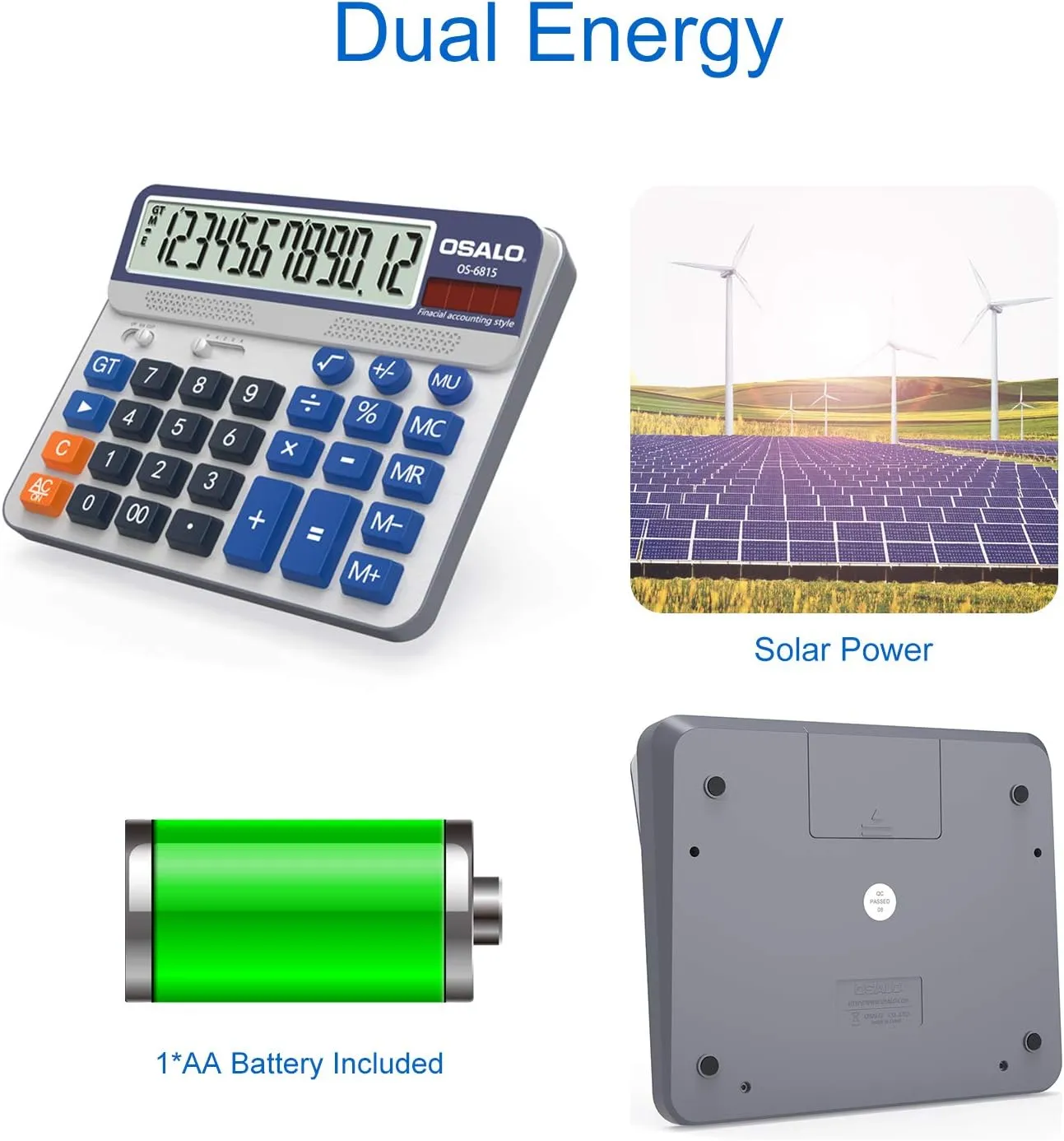 Desktop Calculator Extra Large 5in LCD Display 12-Digit Big Button Giant Accounting Calculator, Battery & Solar Powered, for Office Business & Home(OS-6815)