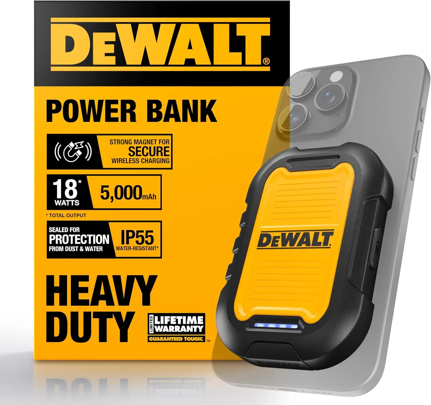 DEWALT Heavy Duty Magnetic Power Bank 5,000mAh, Rugged Wireless Portable Charger, 18W Fast Charging Battery Pack, USB-C to C w/USB Adapter Cable 4', Water Resistant, Works w/Magsafe iPhone 16/15/14