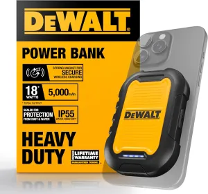 DEWALT Heavy Duty Magnetic Power Bank 5,000mAh, Rugged Wireless Portable Charger, 18W Fast Charging Battery Pack, USB-C to C w/USB Adapter Cable 4', Water Resistant, Works w/Magsafe iPhone 16/15/14