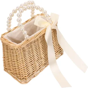 Didiseaon 1Pc Fashionable Straw Handbag with Pearl Accents Durable Beach Bag for Women Stylish Portable Pouch for Travel Shopping and Vacation