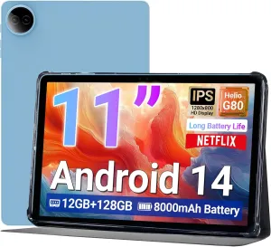 DigiLand Tab R11–11" Tablet,Android 14 OS,MediaTek Helio G80 Octa-Core,12GB RAM   128GB Storage,HD IPS Touchscreen,13MP 8MP,Wi-Fi 6,Long Battery Life,Widevine L1,Stand Case,Google Tablets 2025, Blue