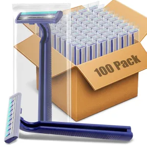 Disposable Razors Bulk for Men 100 Pack, Homeless Supplies Bulk, Twin Blade Mens Travel Supply Razor for Shaving, Safety Beard Shavers for Camping Bathing Hotel (Blue)