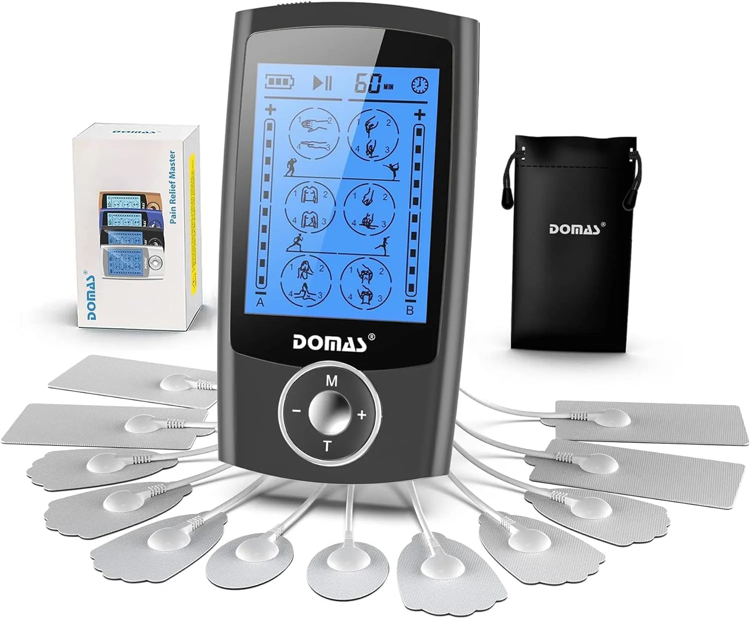 DOMAS TENS Unit Muscle Stimulator with 24 Modes Rechargeable TENS Device Electronic Pulse Massager Physical Therapy Equipment with12 PCS Electrode Pads for Natural Pain Relief