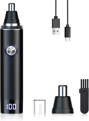 Ear and Nose Hair Trimmer for Men Women with LED Light Digital Display,Painless USB Rechargeable Facial Hair Remover with Powerful Motor and Dual-Edge Blades Easy Cleansing 12000 RPM (Black)