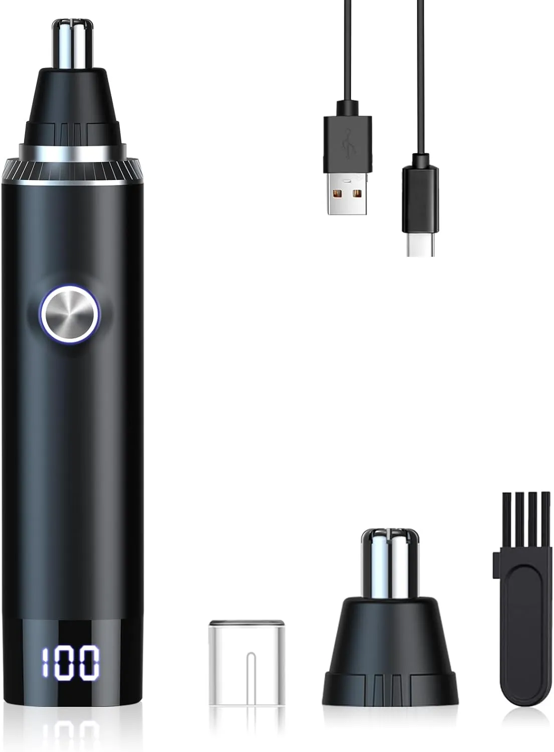 Ear and Nose Hair Trimmer for Men Women with LED Light Digital Display,Painless USB Rechargeable Facial Hair Remover with Powerful Motor and Dual-Edge Blades Easy Cleansing 12000 RPM (Black)