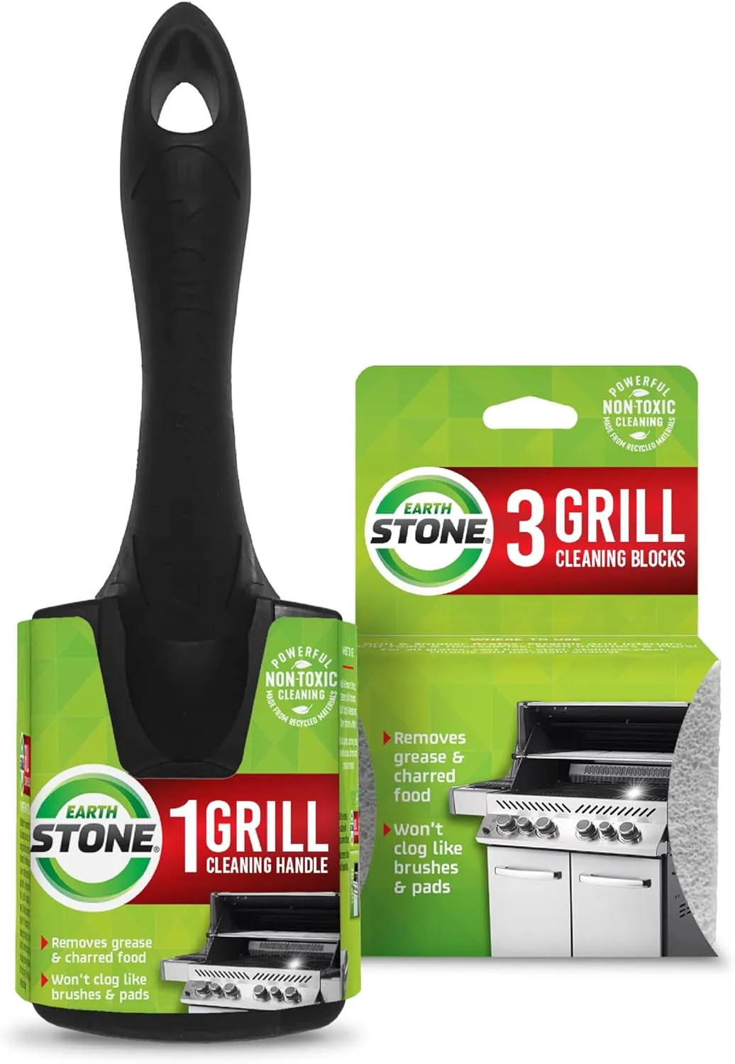 EarthStone Grill Cleaning Block Kit, Bristle Free Grill Scraper, 3 Grill Cleaning Blocks and 7" EZ-Grip Handle