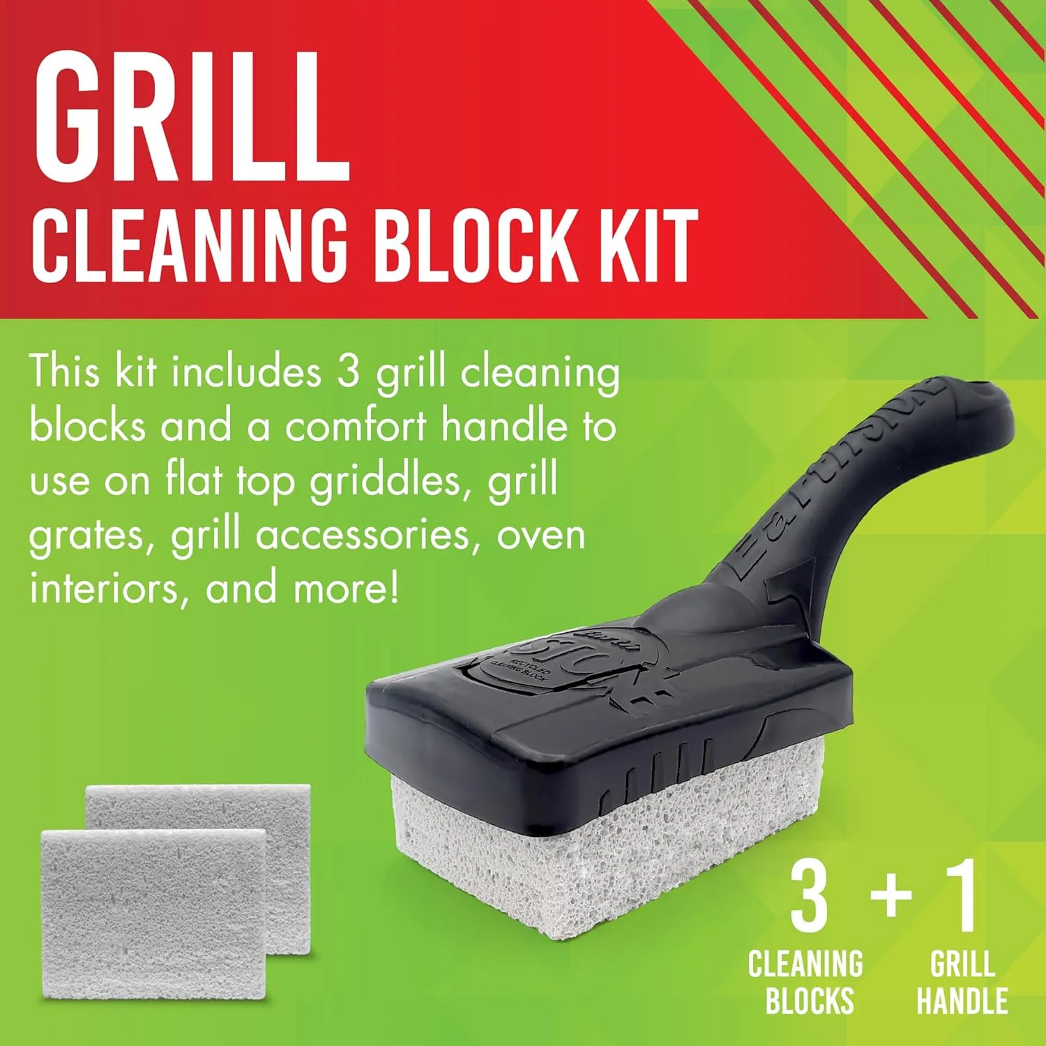 EarthStone Grill Cleaning Block Kit, Bristle Free Grill Scraper, 3 Grill Cleaning Blocks and 7" EZ-Grip Handle