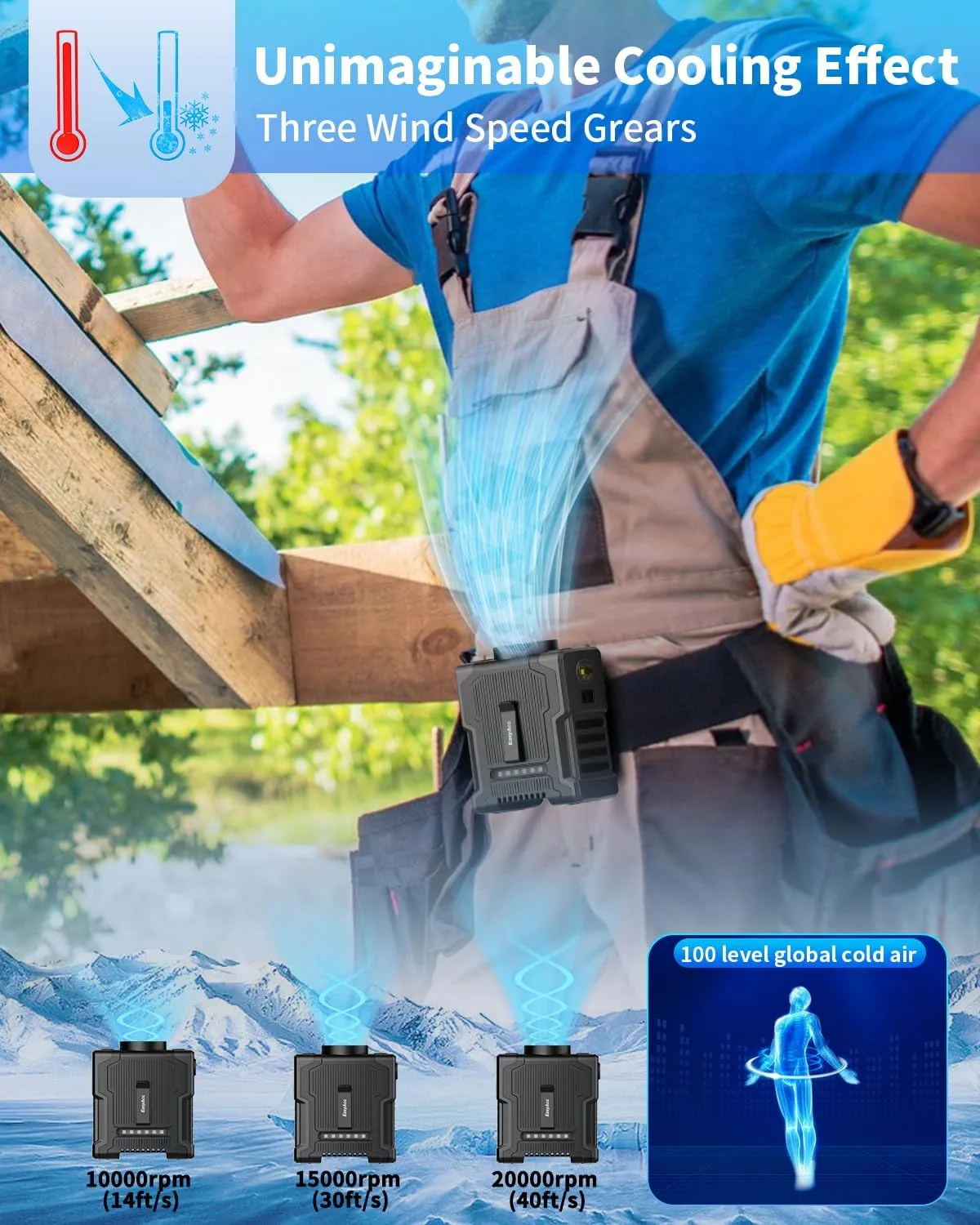 EasyAcc 10000 mAh Wasit Clip on Belt Fan, Portable Neck Fan, 20000RPM Strong Airflow, 10-24H Cooling Time, 3 Speeds, Flashlight Wearable Waist Fan for Outdoor Workers/Farms/Travel (with Lanyard)