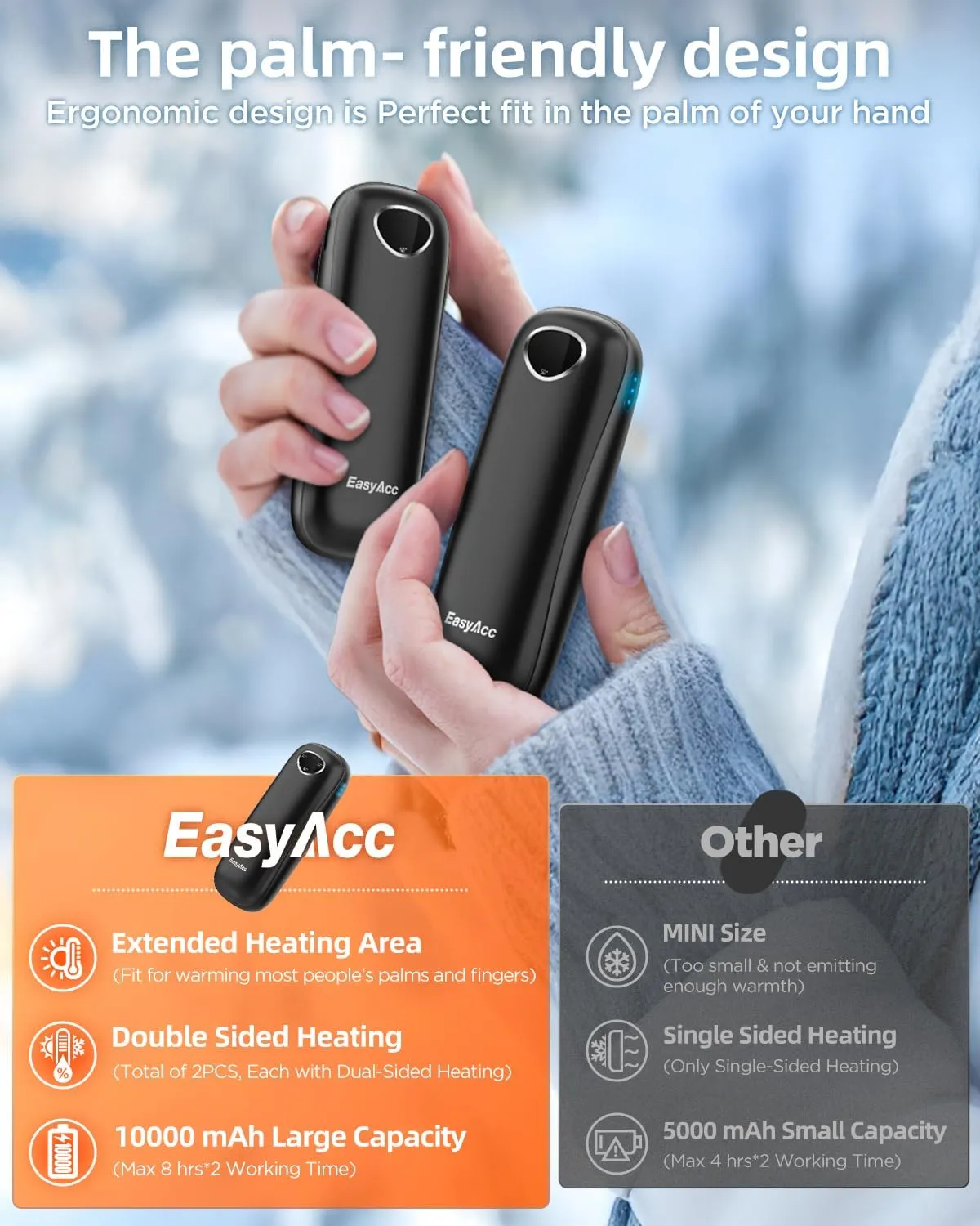 EasyAcc® 10000mAh Hand Warmers Rechargeable 2 Pack,16Hrs Long Safe Heat,[Lifetime Service] Reusable Pocket Electric Hand Warmers Heaters Rechargeable for Gloves,Raynauds,Women,Men,Camping OT-95