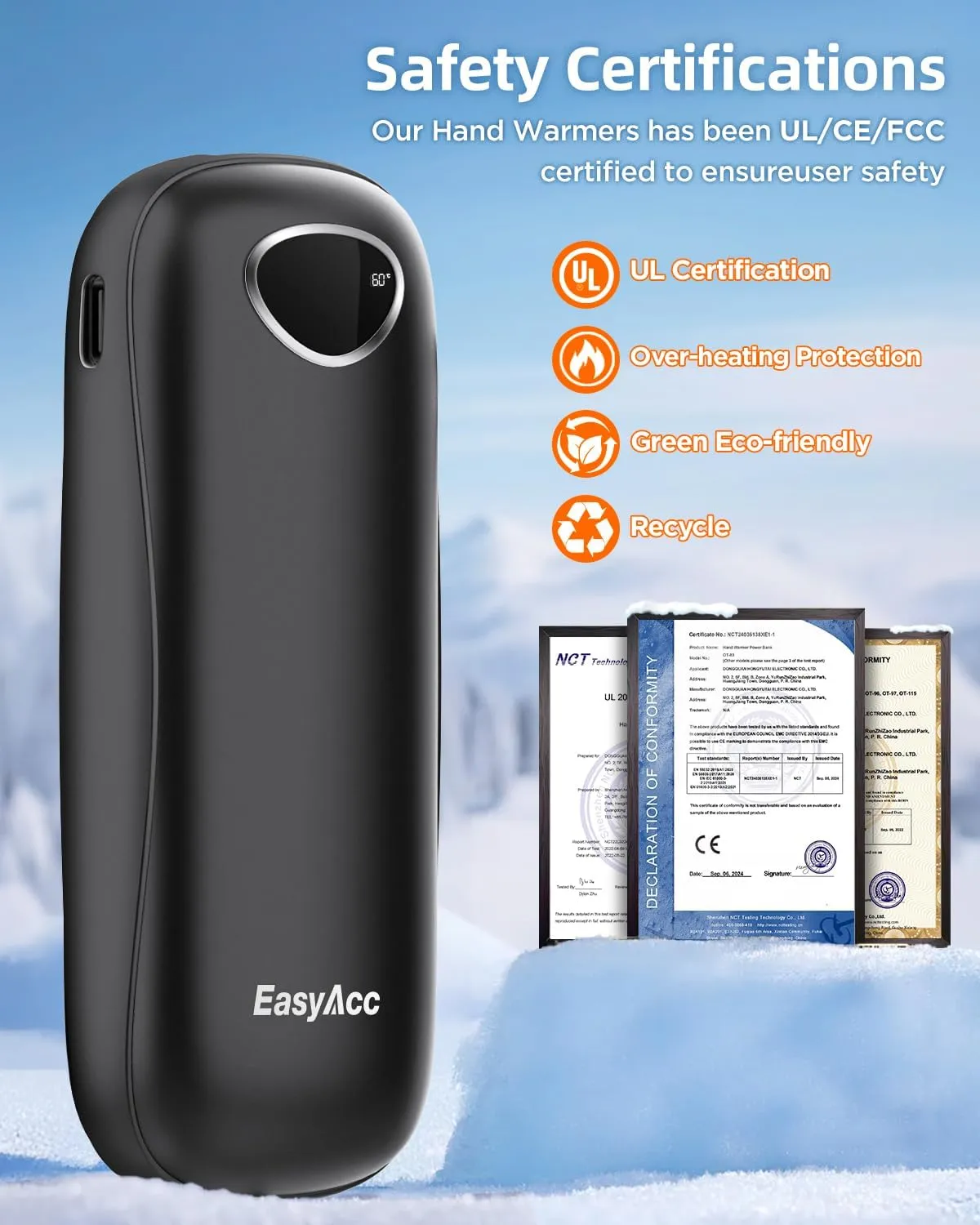 EasyAcc® 10000mAh Hand Warmers Rechargeable 2 Pack,16Hrs Long Safe Heat,[Lifetime Service] Reusable Pocket Electric Hand Warmers Heaters Rechargeable for Gloves,Raynauds,Women,Men,Camping OT-95
