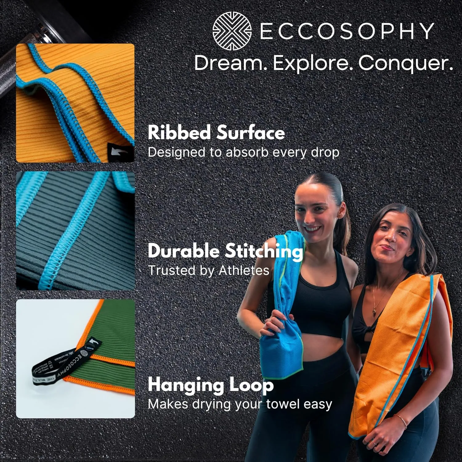 ECCOSOPHY Microfiber Beach Towel – Quick Dry, Highly Absorbent, Lightweight – Ideal for Travel, Pool, Yoga, Fitness & Outdoor Adventures – 71x35 Charcoal