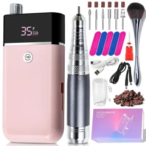 Electric Nail Drill Professional Kit,Electric Nail File for Acrylic Nails Drill Cordless 35000 RPM E Filer for Nails,Portable Nail Drill Machine Nail File Kit,Nail Grinder for Women (Pink)