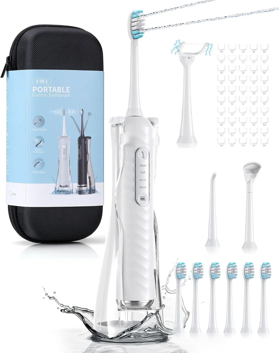 Electric Toothbrush with Water Flosser, 4 in 1 Cordless Toothbrush and Water Flosser Combo for Multiple Users and Needs, Flossing Toothbrush Portable for Travel and Home, White