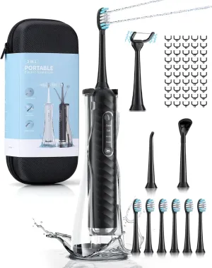 Electric Toothbrush with Water Flosser, 4 in 1 Cordless Toothbrush and Water Flosser Combo for Multiple Users and Needs, Portable for Travel and Home,Black