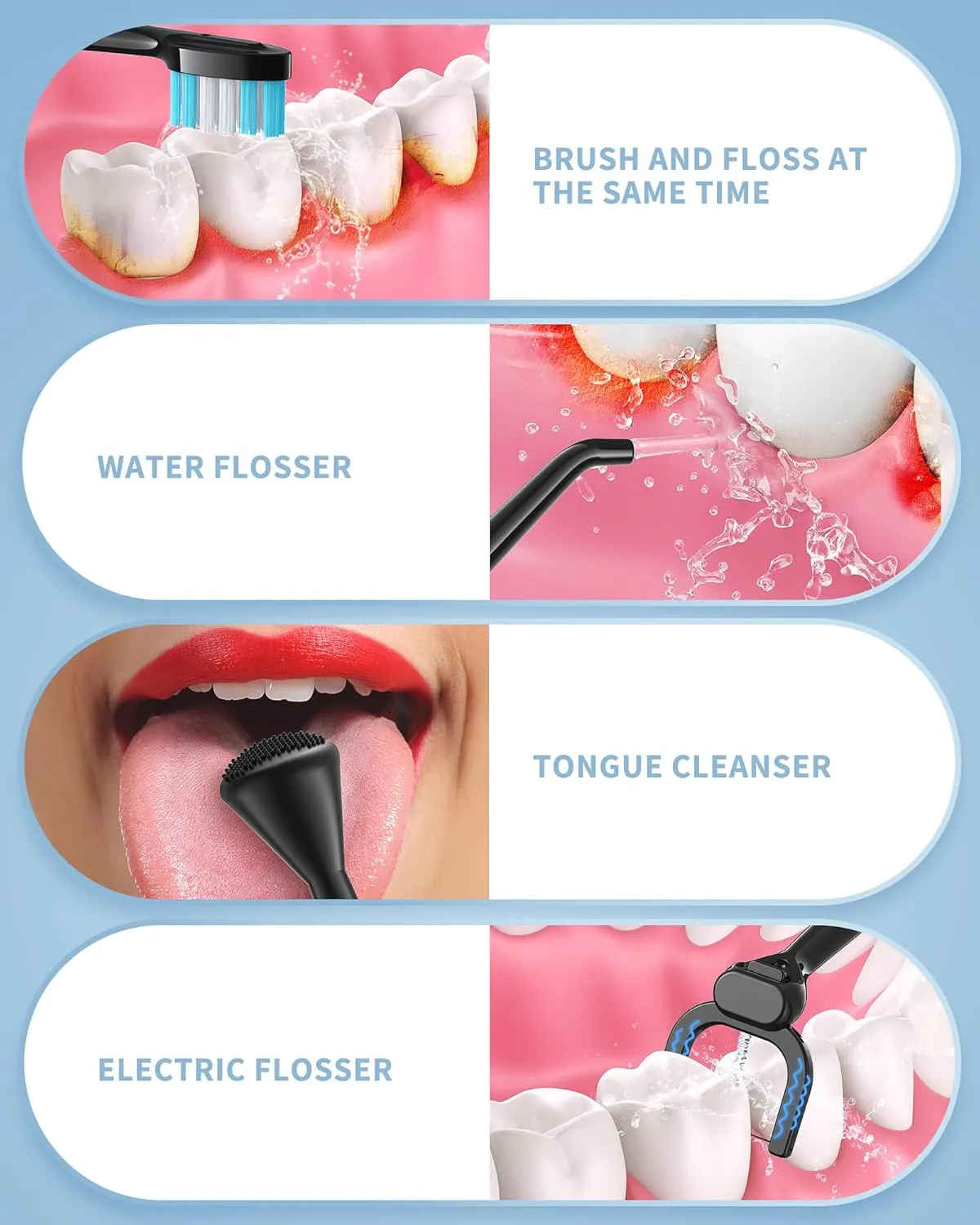 Electric Toothbrush with Water Flosser, 4 in 1 Cordless Toothbrush and Water Flosser Combo for Multiple Users and Needs, Portable for Travel and Home,Black