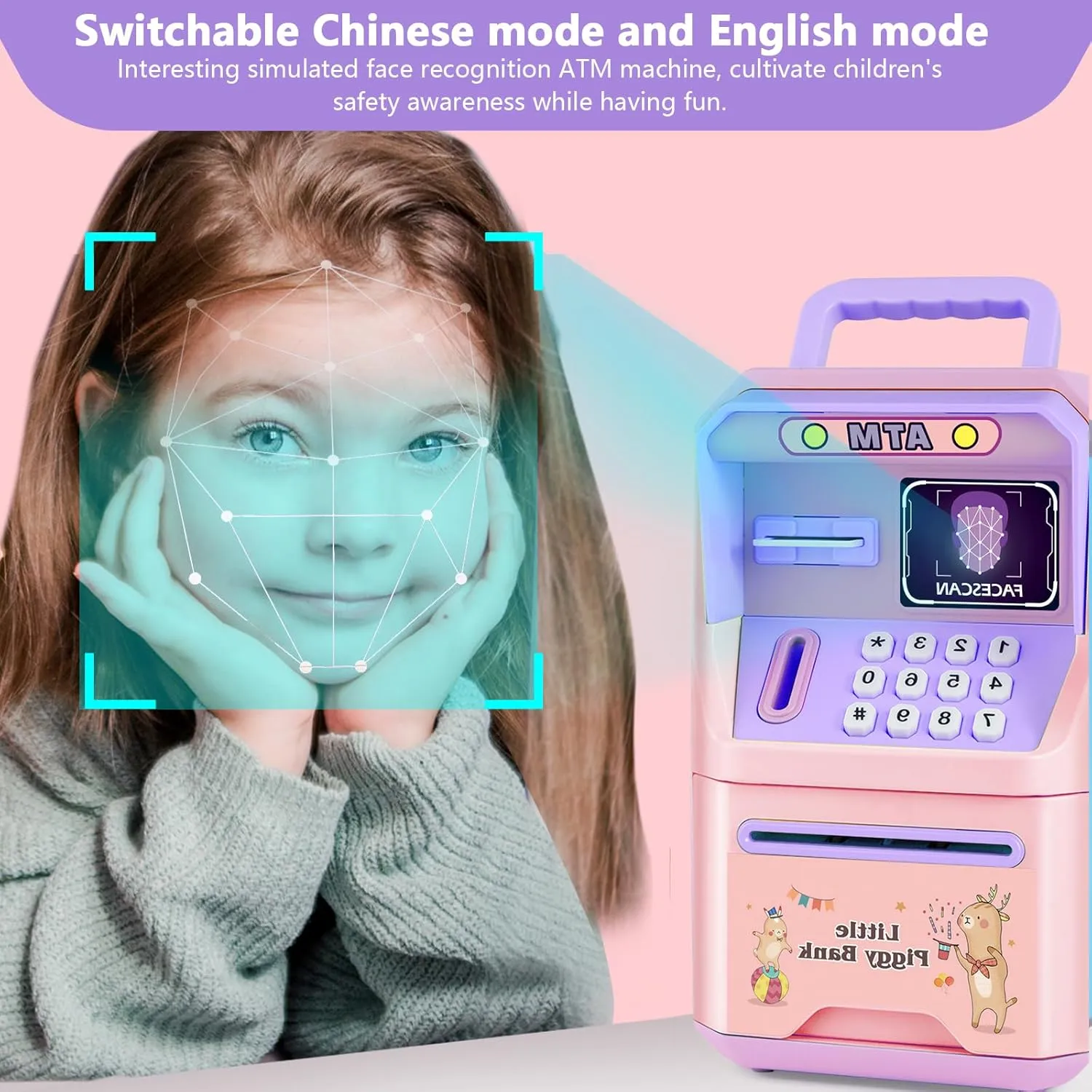 Electronic ATM Piggy Bank Safe for Kids, Gifts for Girls Coin Real Money Saving Machine with Voice Reminder Face Recognition Password Lock(Pinkish Purple)