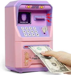 Electronic ATM Piggy Bank Safe for Kids, Gifts for Girls Coin Real Money Saving Machine with Voice Reminder Face Recognition Password Lock(Pinkish Purple)