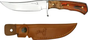 Elk Ridge - Fixed Blade Knife, 9.5-in Overall, Satin Finish Stainless Steel Blade, 2 Tone burl Wood Handle, Genuine Leather Sheath, Hunting, Camping, Survival