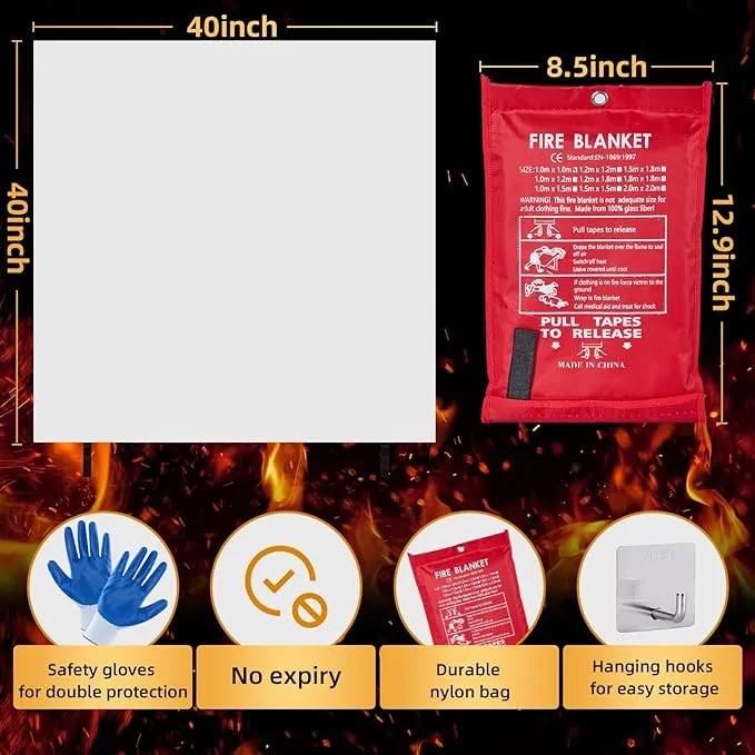 Emergency Fire Blanket 40"" x 40"" Fiberglass Fire Blanket Fire Suppression Blanket for Kitchen with Hooks Gloves Emergency Whistles Fireproof Blanket for Home Safety Camping (1), White