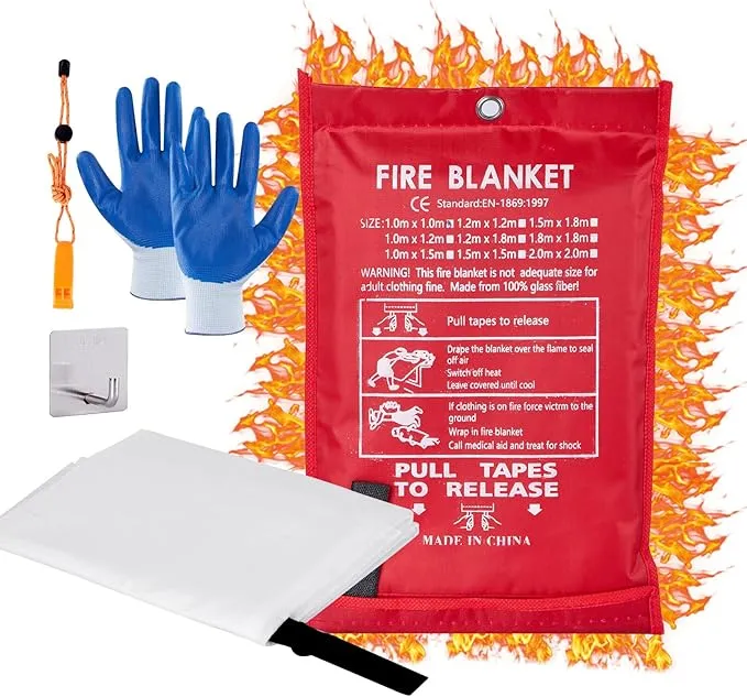 Emergency Fire Blanket 40"" x 40"" Fiberglass Fire Blanket Fire Suppression Blanket for Kitchen with Hooks Gloves Emergency Whistles Fireproof Blanket for Home Safety Camping (1), White