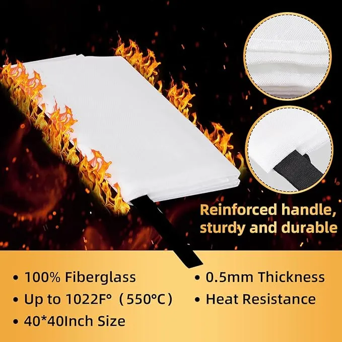 Emergency Fire Blanket 40"" x 40"" Fiberglass Fire Blanket Fire Suppression Blanket for Kitchen with Hooks Gloves Emergency Whistles Fireproof Blanket for Home Safety Camping (1), White