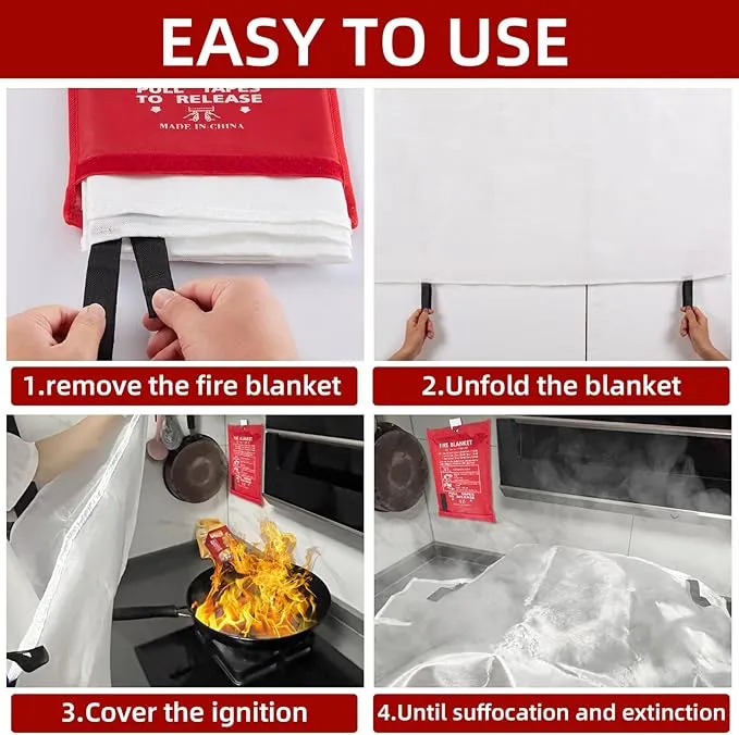 Emergency Fire Blanket 40"" x 40"" Fiberglass Fire Blanket Fire Suppression Blanket for Kitchen with Hooks Gloves Emergency Whistles Fireproof Blanket for Home Safety Camping (1), White