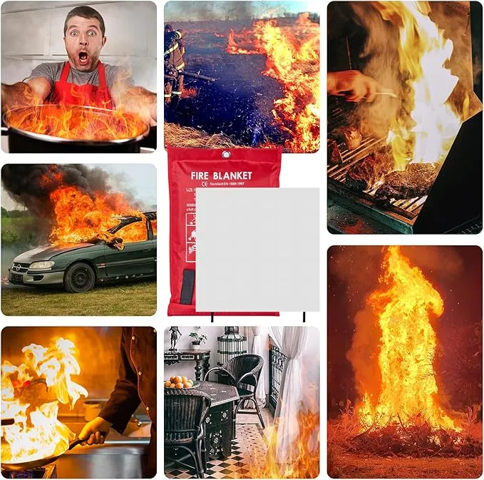 Emergency Fire Blanket 40"" x 40"" Fiberglass Fire Blanket Fire Suppression Blanket for Kitchen with Hooks Gloves Emergency Whistles Fireproof Blanket for Home Safety Camping (1), White