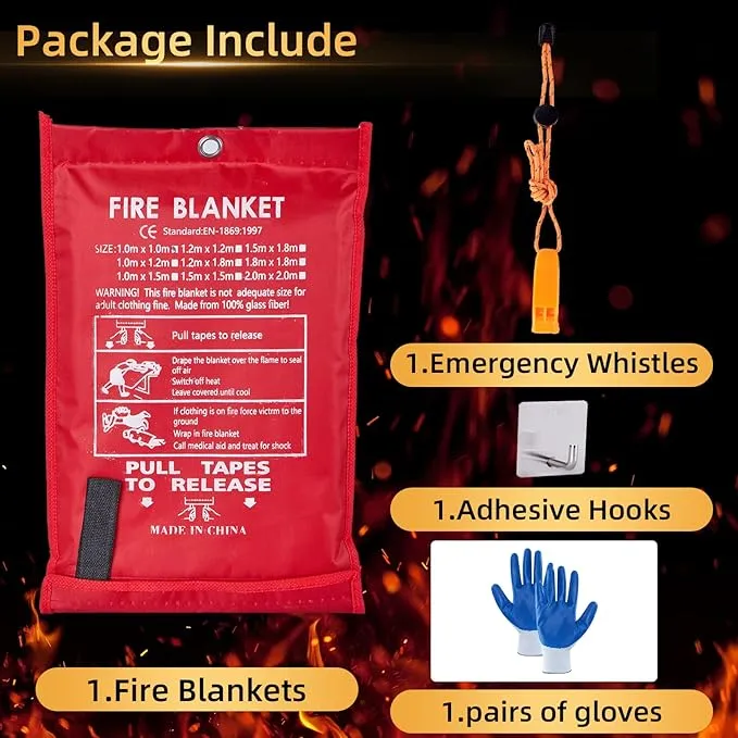 Emergency Fire Blanket 40"" x 40"" Fiberglass Fire Blanket Fire Suppression Blanket for Kitchen with Hooks Gloves Emergency Whistles Fireproof Blanket for Home Safety Camping (1), White