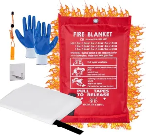 Emergency Fire Blanket 40"" x 40"" Fiberglass Fire Blanket Fire Suppression Blanket for Kitchen with Hooks Gloves Emergency Whistles Fireproof Blanket for Home Safety Camping (1), White