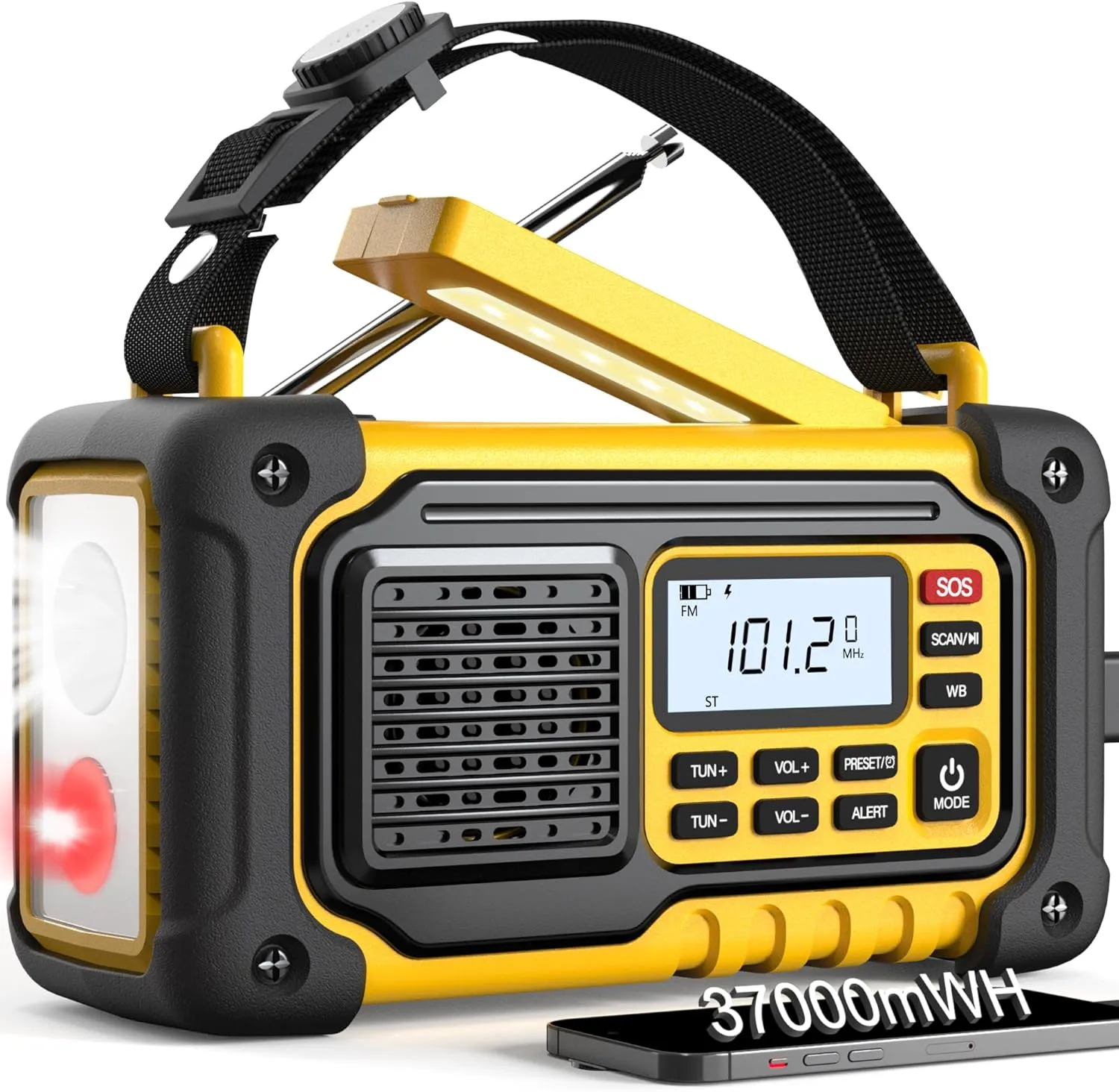 Emergency Weather Radio, AM/FM/SW/NOAA Hand Crank Radio with 37000mWh Portable Power Bank, USB/Solar/Hand Crank Charging, AAA Battery Operated, SOS Alarm & Flashlight for Indoor/Outdoor Emergency