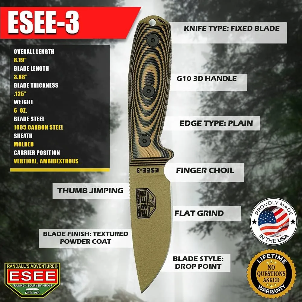 ESEE-3 Fixed Blade Knife, 3D Contoured Handle, 1095 Carbon Steel, Black Ambidextrous Sheath, Made in USA