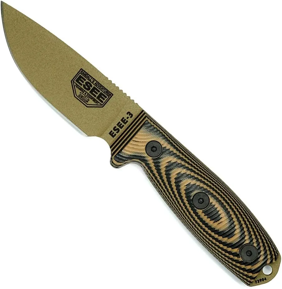 ESEE-3 Fixed Blade Knife, 3D Contoured Handle, 1095 Carbon Steel, Black Ambidextrous Sheath, Made in USA