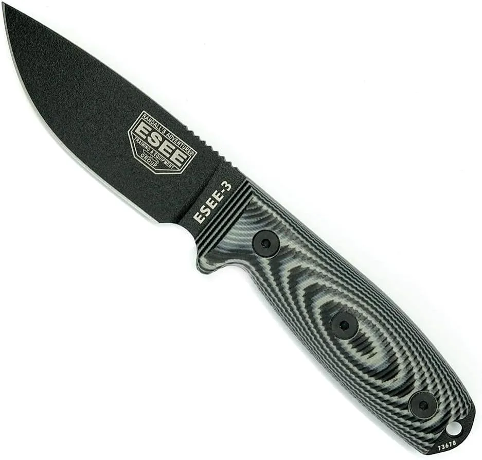 ESEE-3 Fixed Blade Knife, 3D Contoured Handle, 1095 Carbon Steel, Black Ambidextrous Sheath, Made in USA