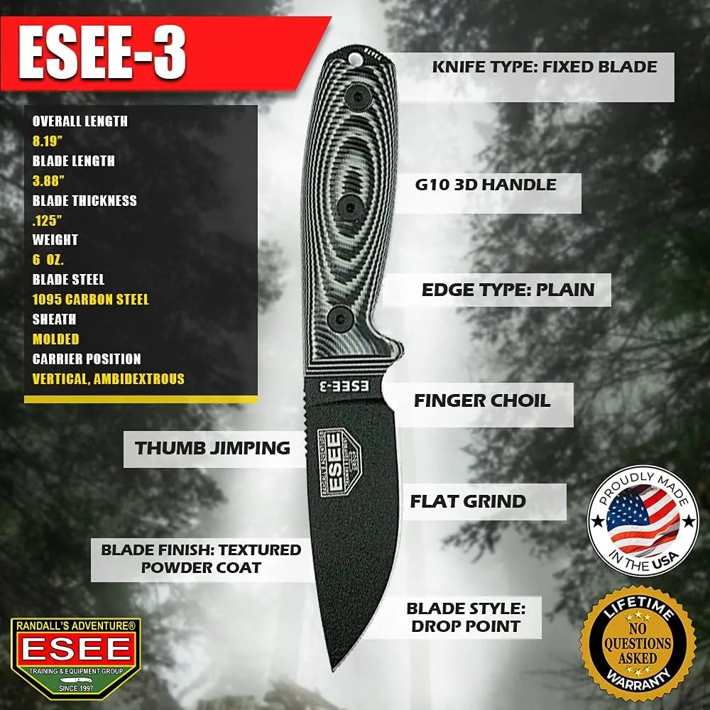 ESEE-3 Fixed Blade Knife, 3D Contoured Handle, 1095 Carbon Steel, Black Ambidextrous Sheath, Made in USA